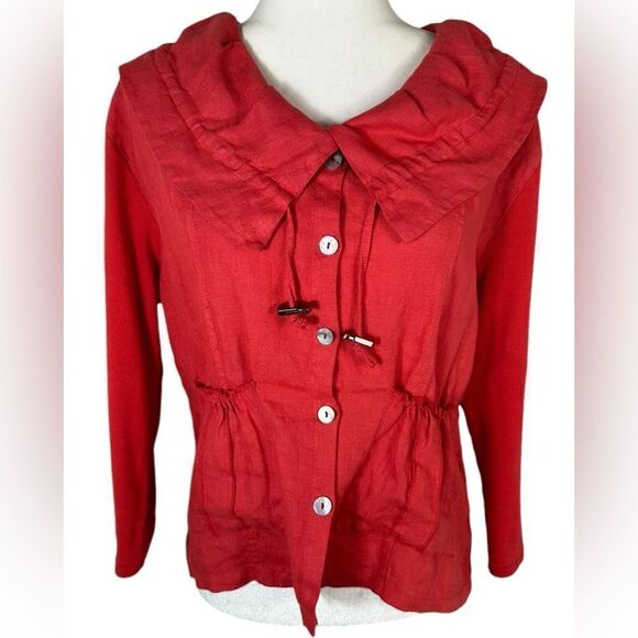 Oizini Italy Red Linen Blazer Style Long Sleeve Lightweight Top - Picture 1 of 7